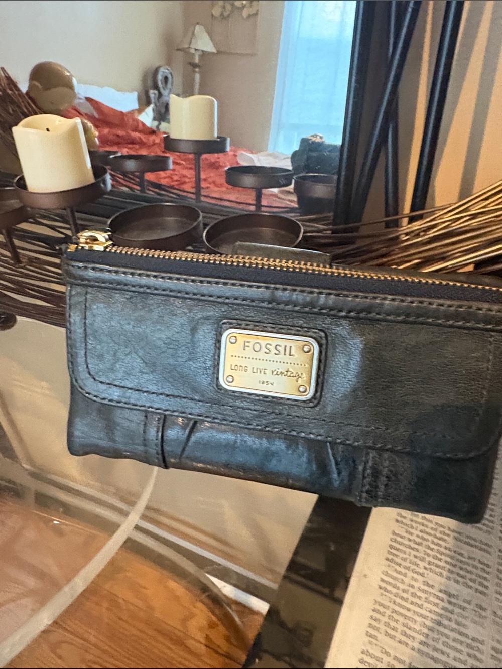 Fossil Black Leather Zip Pouch with Gold Plaque